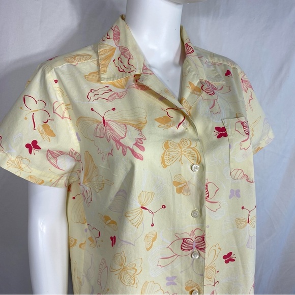 Karen Scott Pastel Yellow Butterfly Print Pocket Button Down Blouse - Picture 2 of 6